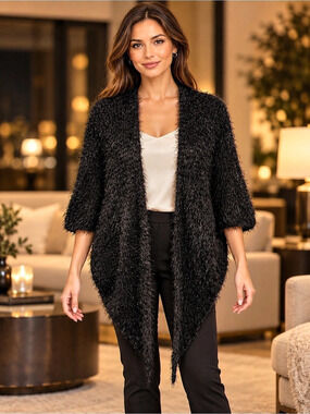 411) Addition Elle Fuzzy Open Front Shrug in Black Large Like New